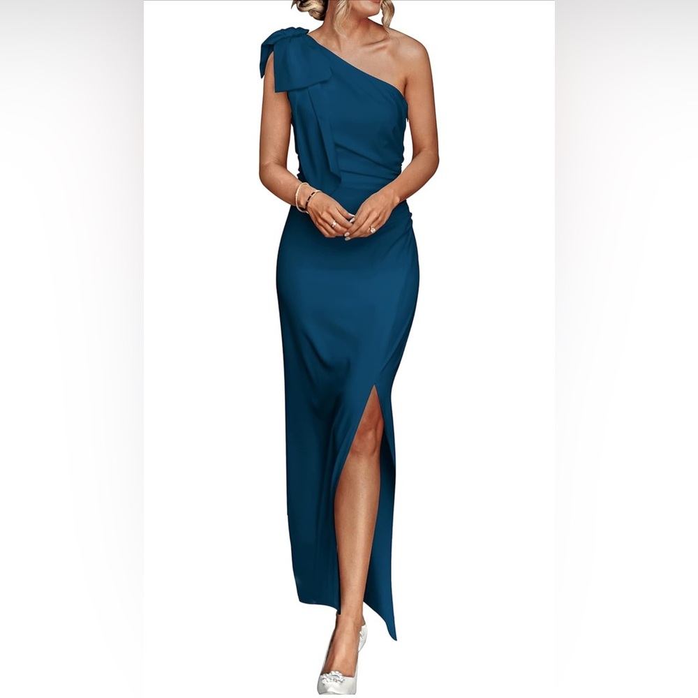 Prettygardan One Shoulder Long Dress Sleeveless Ruched Bodycon Wedding Guest